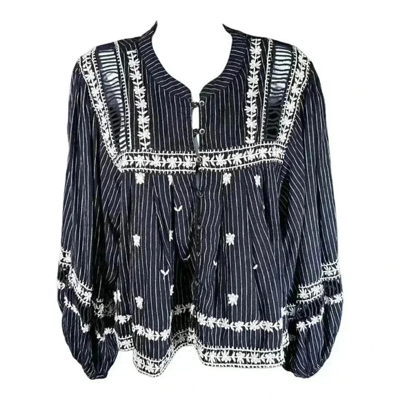 Free People All Roads Lead to You Embroidered Top Blouse Shirt Blue White Small - Picture 2 of 5